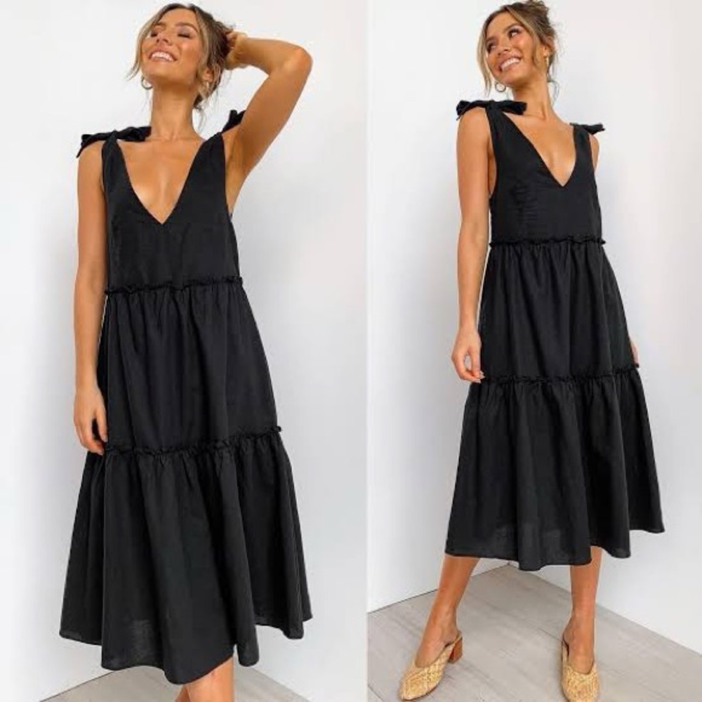 Petal & Pup Black Tiered Midi Dress with Tie Straps